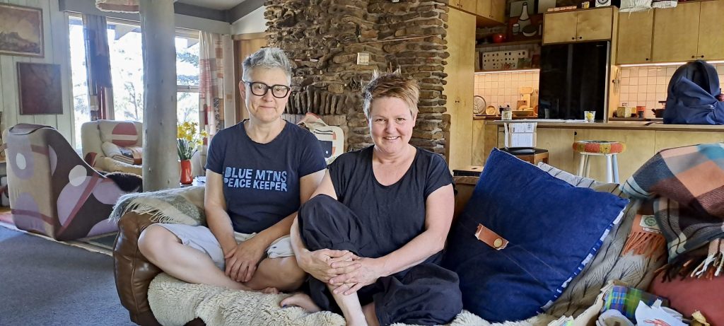 Manda Kaye and Julie Paterson at rough track cabins in Blackheath