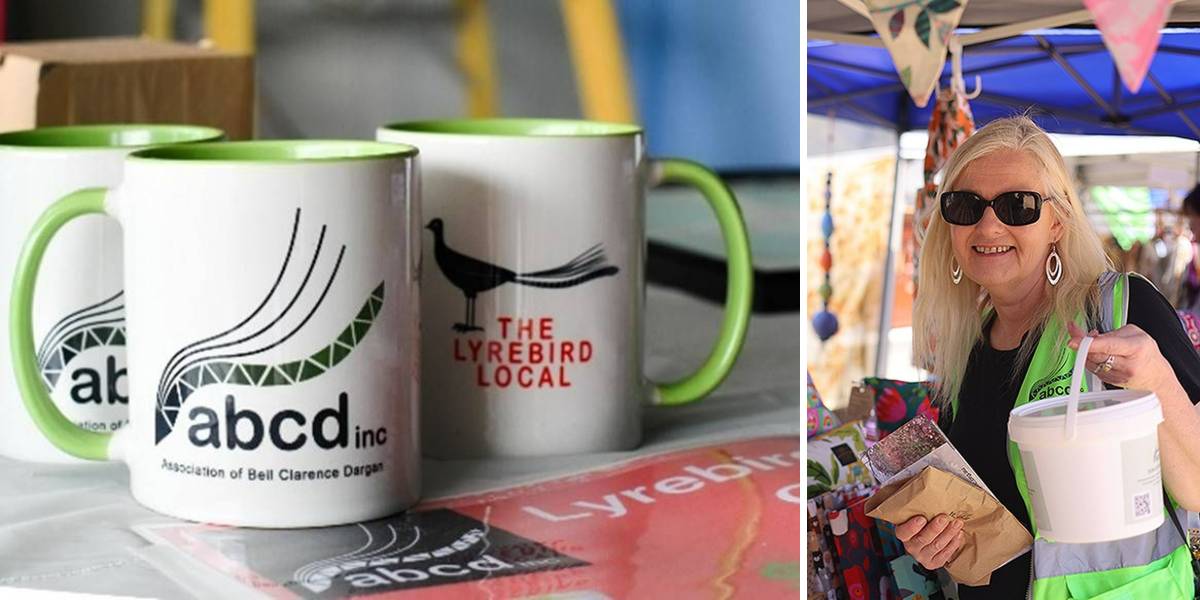 ABCD Inc branded coffee mugs and ABCD Inc committee member Cathy MacNamara