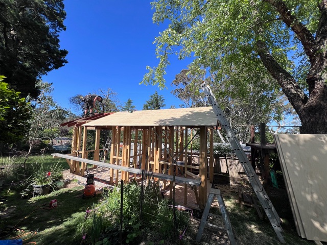 The shed's timber framework was initially covered with 20mm marine plywood roof sheets.